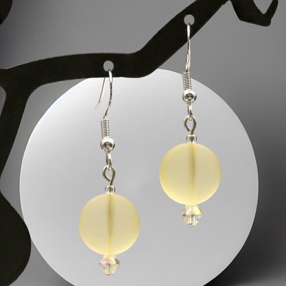 Yellow Sea Glass Drop Earrings | Handmade - Picture 3 of 5